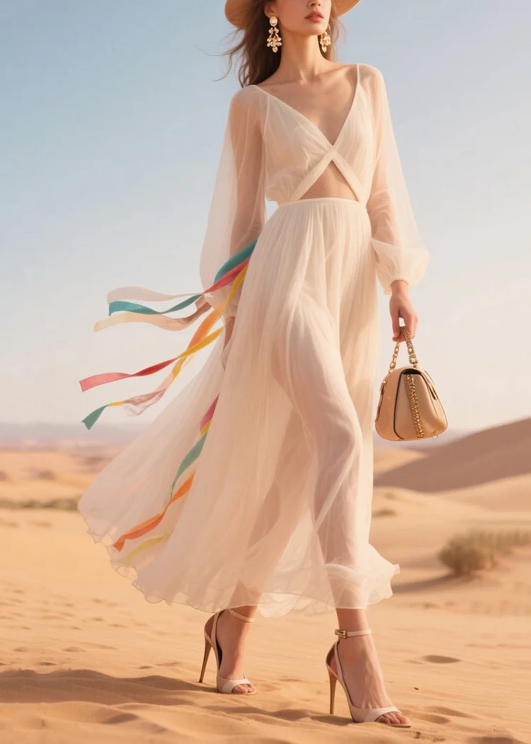 Italian White Hollow Out Sheer Tulle Holiday Dress Summer