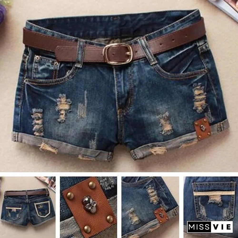 Fashion Summer Women Sexy Denim Shorts Frayed Hole Low Waist Skull Decoration Casual Jeans Shorts