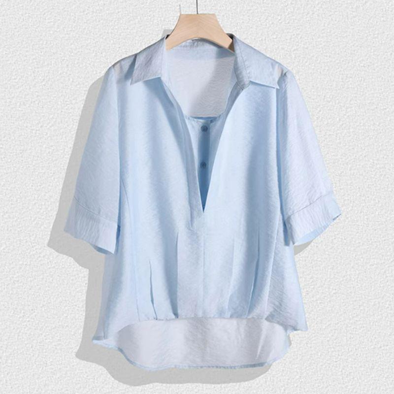 Fake Two Collar Shirts Women's Summer New Style Splicing Design Casual Thin Shirt Top