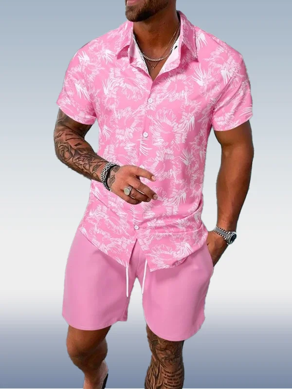 Suitmens Men's Pink Hawaiian Print Short Sleeve Shirt Set 016