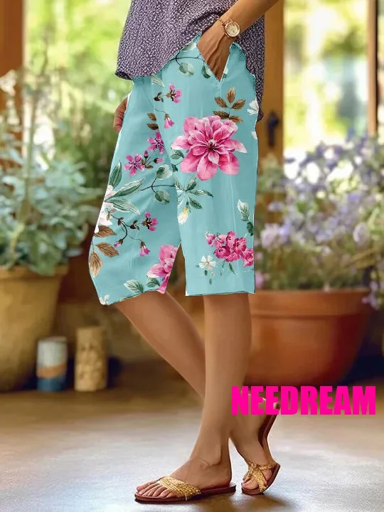 Womens Art Watercolor Flower Pattern Cotton And Linen Shorts Pants (With Pockets)