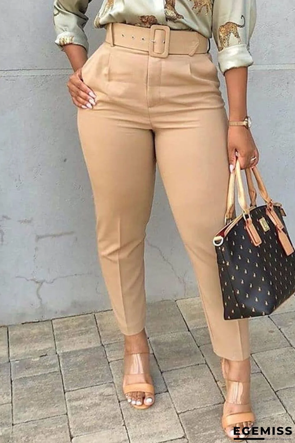 Khaki Casual Solid Patchwork Regular High Waist Pencil Solid Color Bottoms | EGEMISS