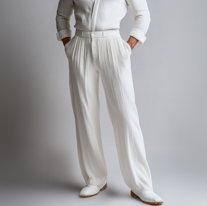 Men's Solid Slant Pocket Straight Leg Wrinkled Pants