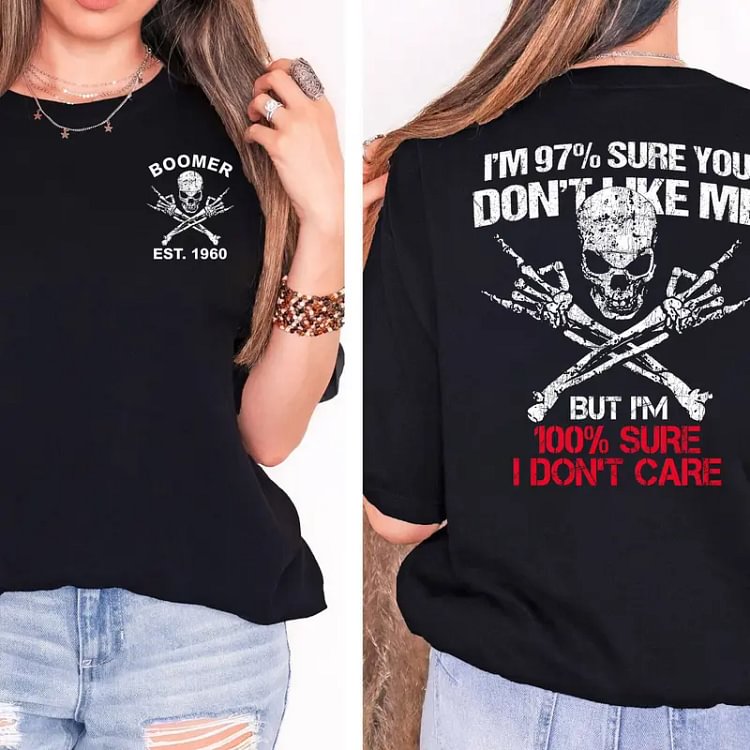 Unisex Boomer Custom EST Year Tees, Sweatshirts & Hoodies | "I Don't Care" Skull Crossbones Multi-Color Outfits (1952-1964)
