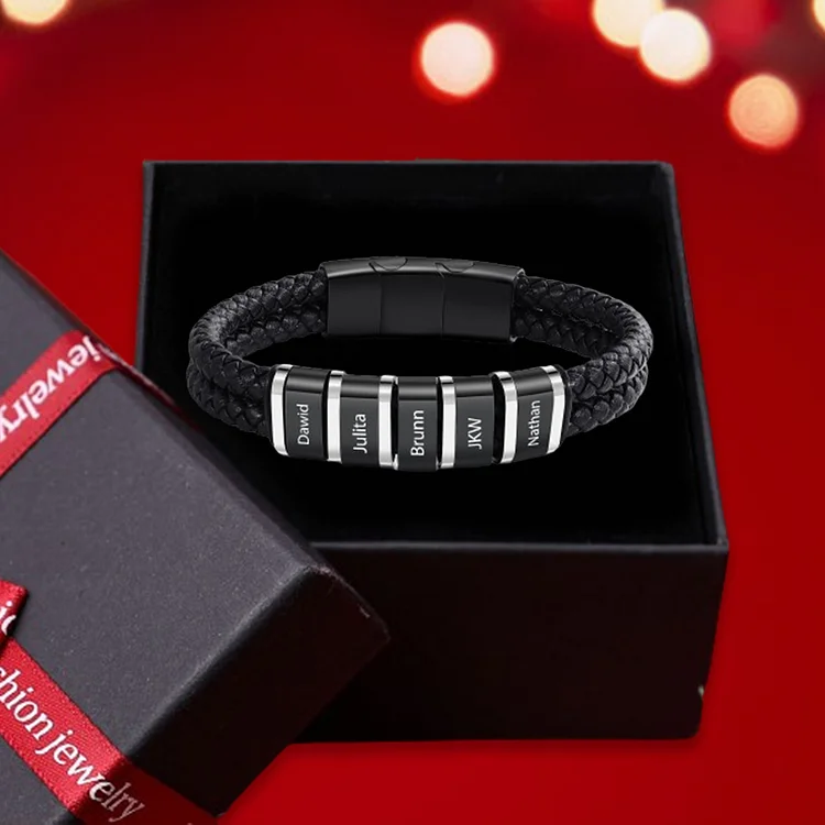 5 Names-Personalized Bead Bracelet Custom Men's Bracelet Engraved Name Personalized Gift Set With Gift Box for Him