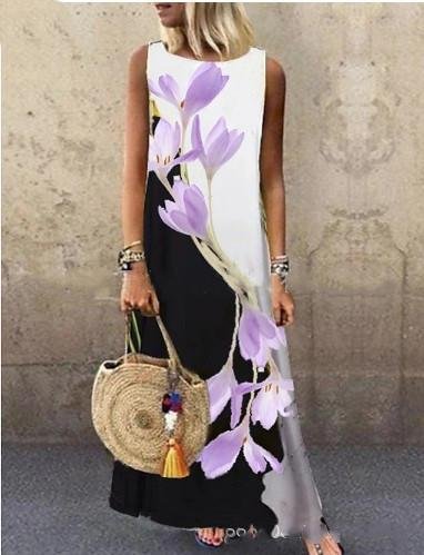 Round Neck Sleeveless Loose Print Dress-Mayoulove