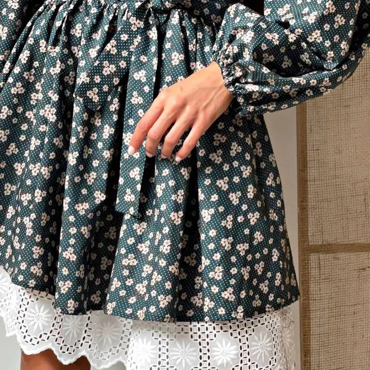 Churchf Churchf 2023 Women's French Elegant Bubble Sleeve Floral Dress Women's Standing Collar Waist Long Sleeve A-Line Skirt