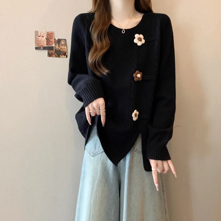 Athvotar Athvotar Women's Sweater 2025 Autumn And Winter New Gentle Milk Jacket Sweet Round Collar Flowers Three-Dimensional Decorative Knitwear