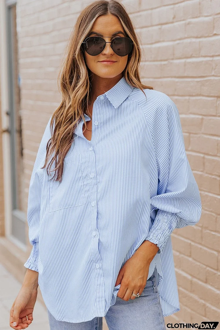 Striped Lantern Sleeve Collared Shirt