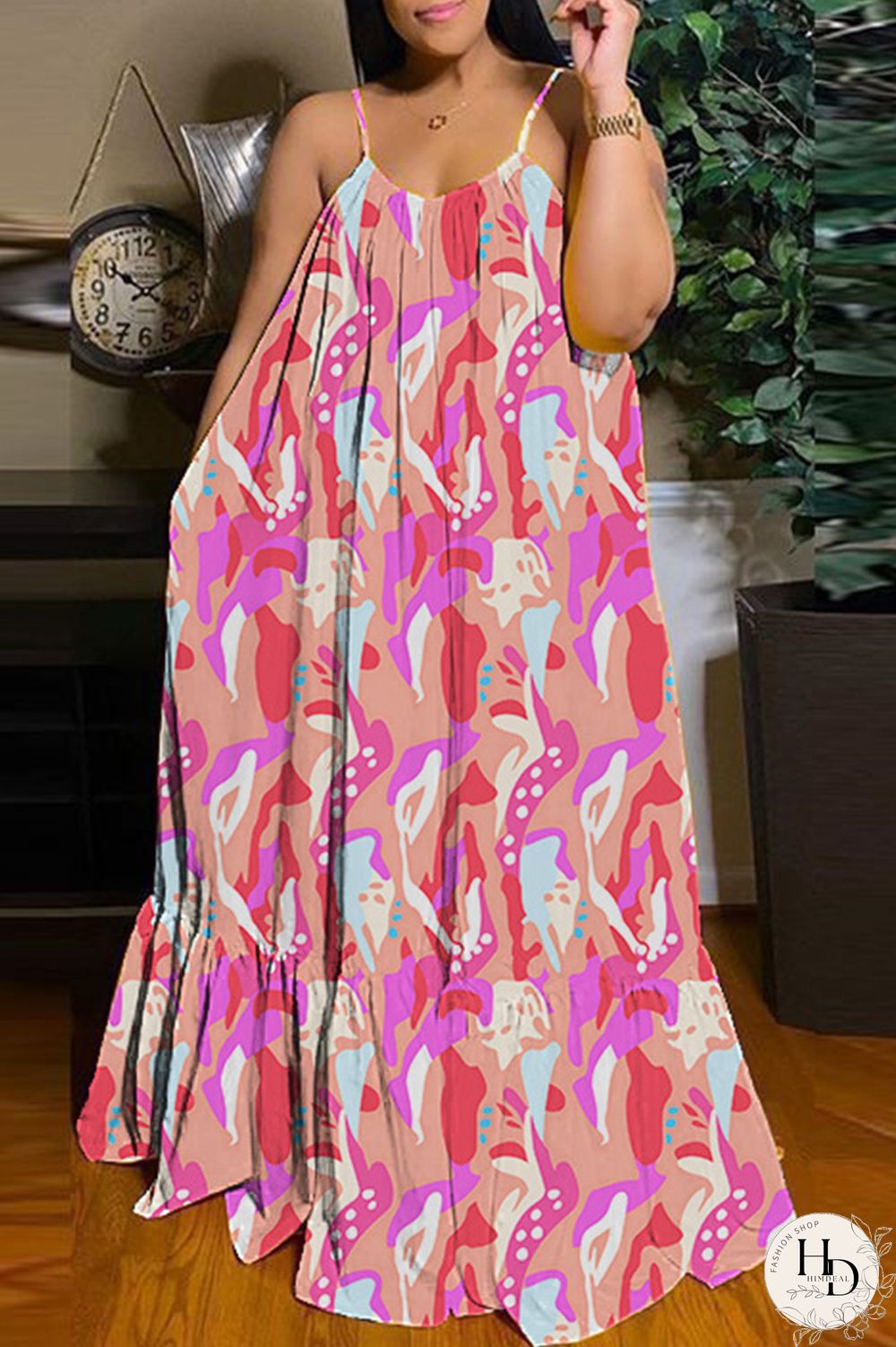 Apricot Sexy Casual Print Backless Spaghetti Strap Long Dress Dresses
