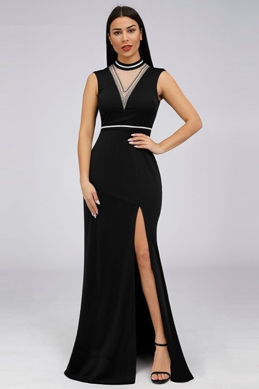 Designer Black High-Neck Mermaid Long Evening Gowns With Split - lulusllly