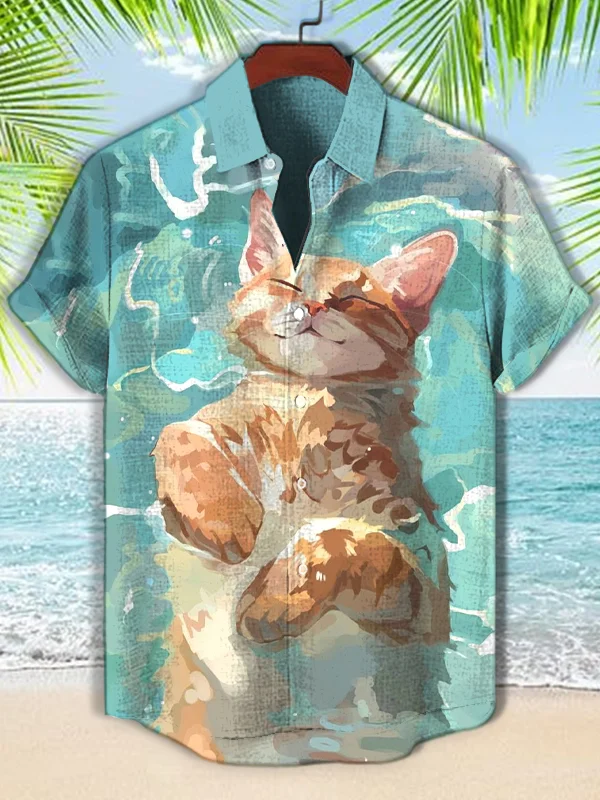 Men's Cat Swimming Watercolor Painting Print Short Sleeve Shirt