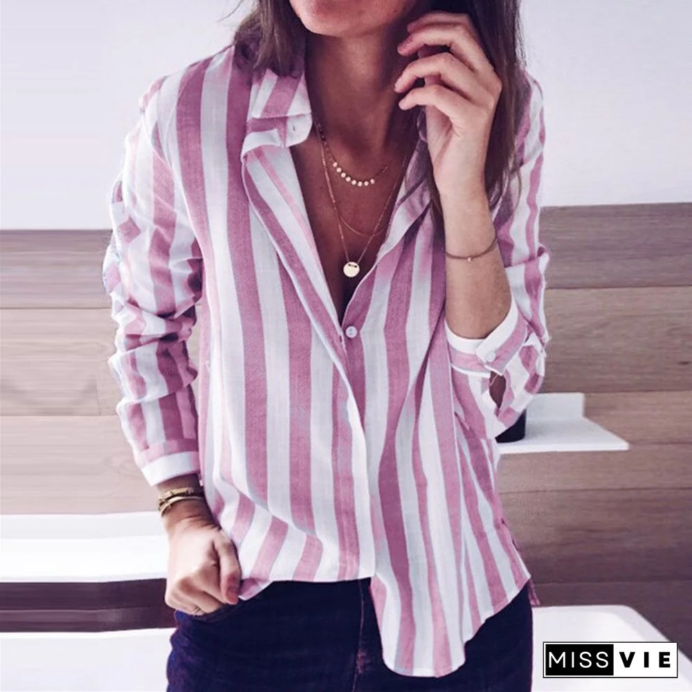 Autumn And Winter Casual Striped Candy Color Long-sleeved Shirt Top Women's Clothing