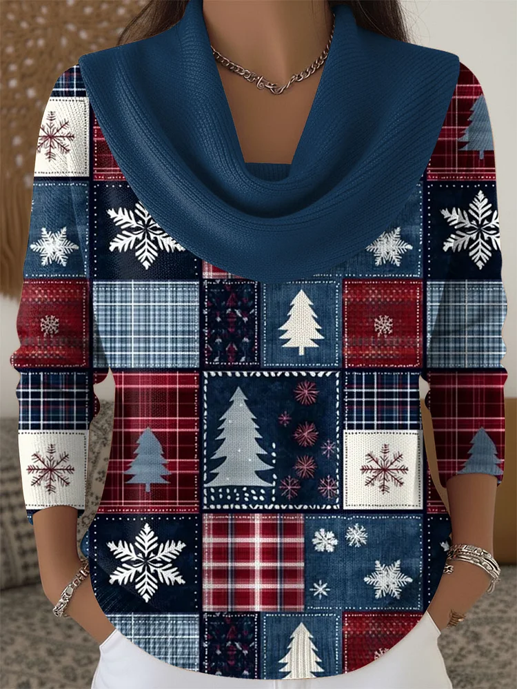 Women's Christmas Pattern Print Cowl Neck Sweater