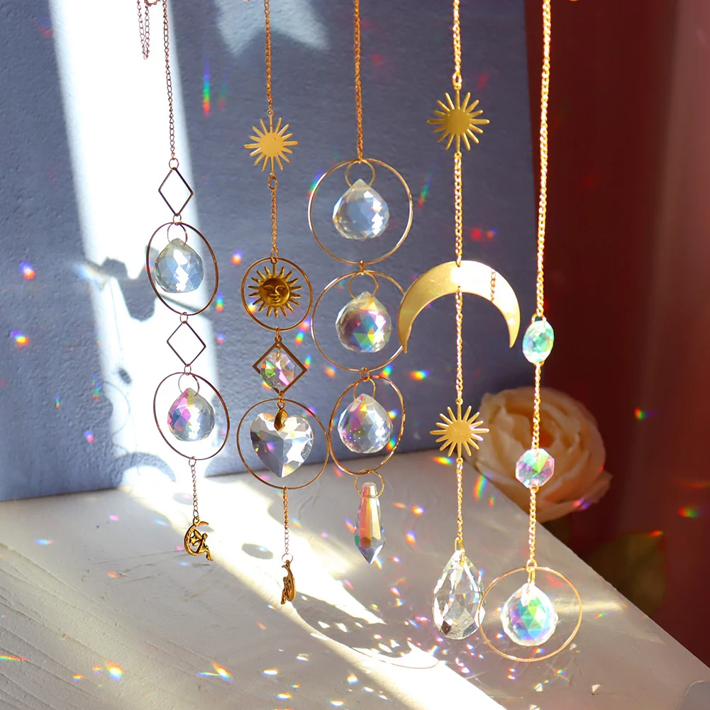 5pcs Hanging Moon Sun Heart Ball Light Catcher Crystal Outdoor Wind Chime