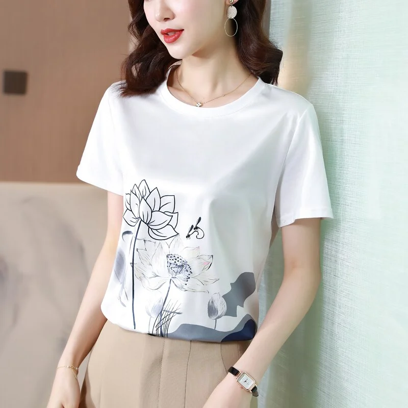 tlbang Fashion Women Shirt Silk Blouses for Woman Short Sleeve Shirts Tops Woman White Print Pullover Summer OL Blouse Tops Shirts