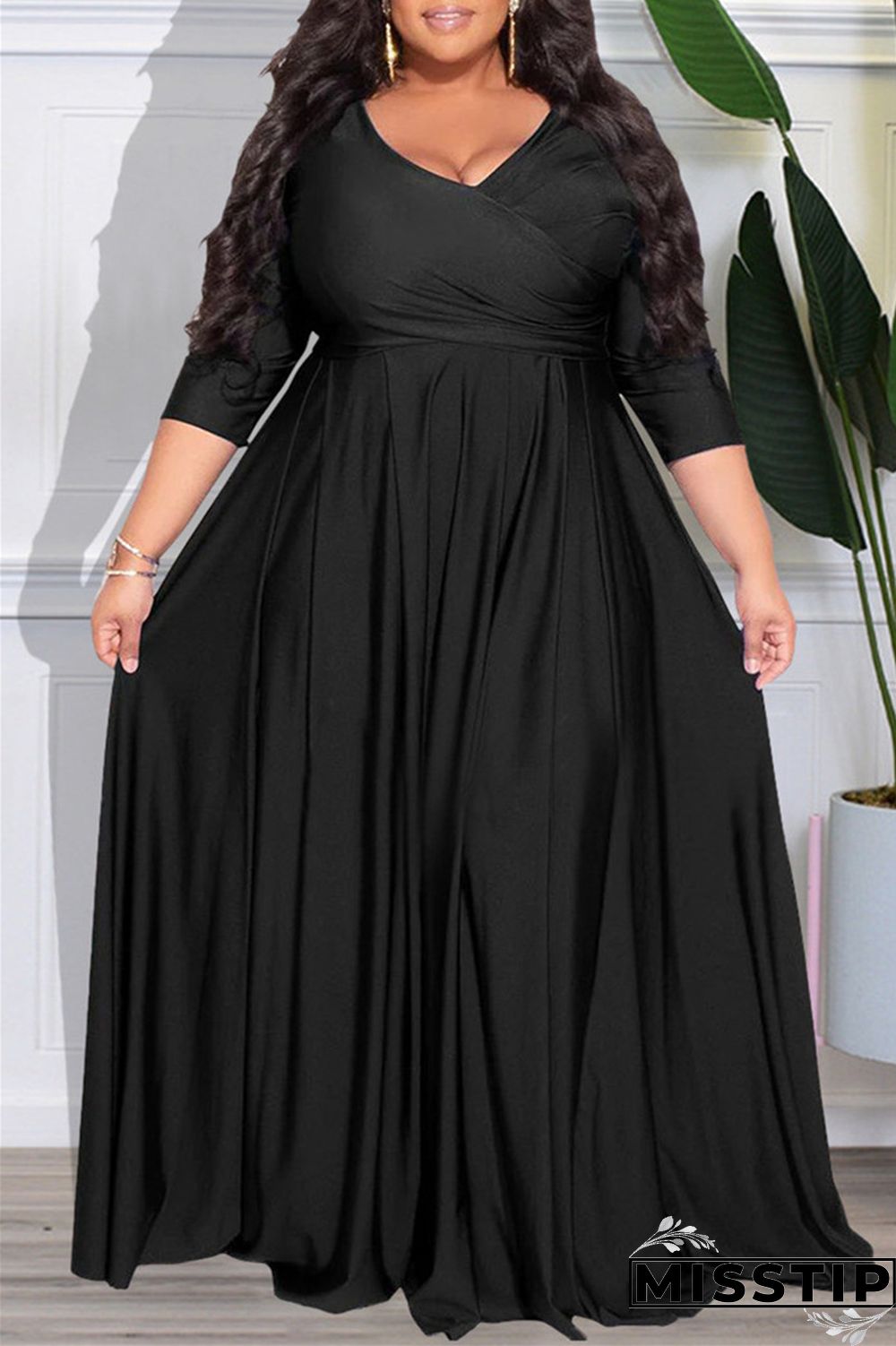 Dark Purple Casual Solid Patchwork V Neck Long Sleeve Plus Size Dresses