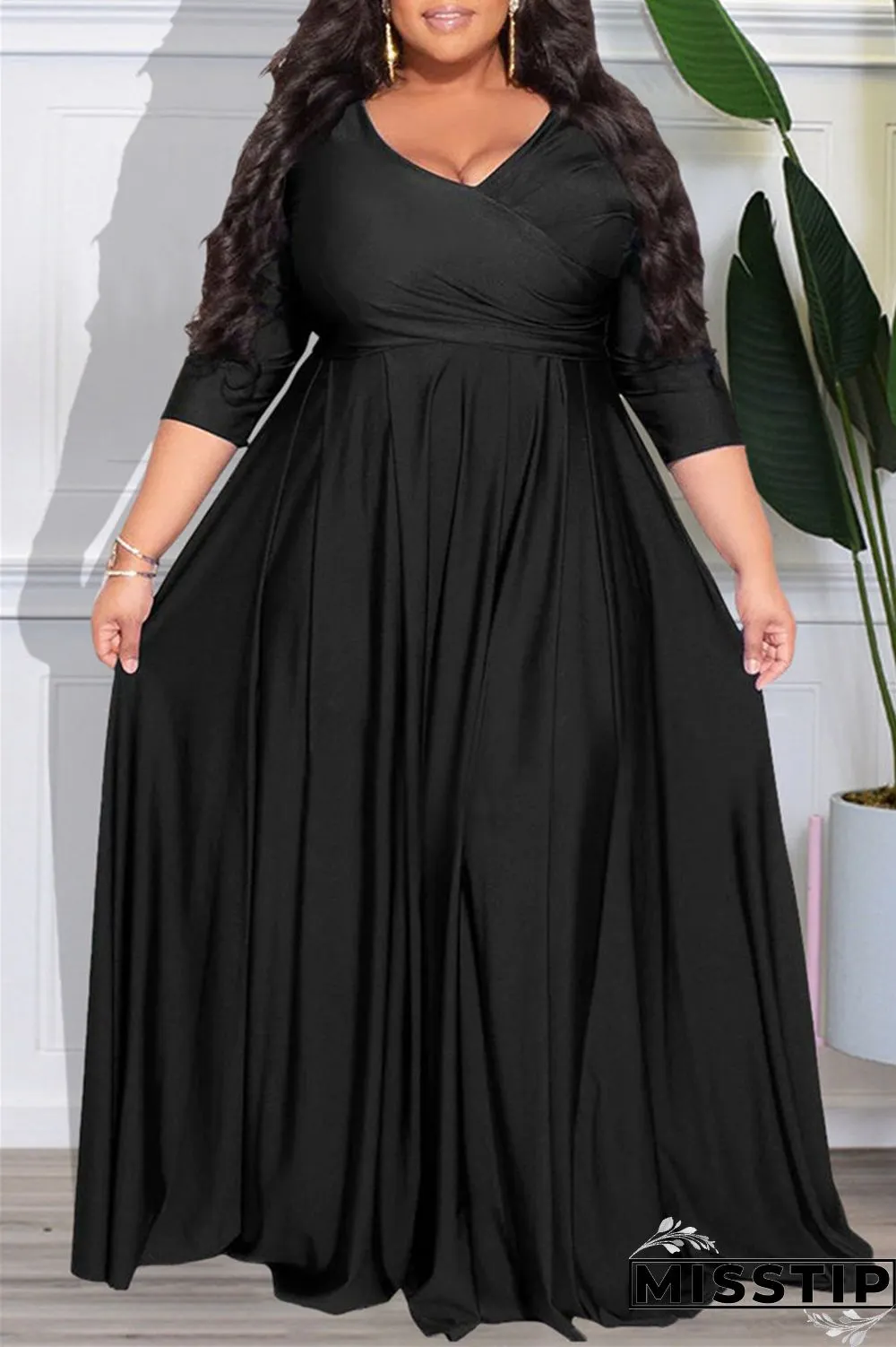 Dark Purple Casual Solid Patchwork V Neck Long Sleeve Plus Size Dresses
