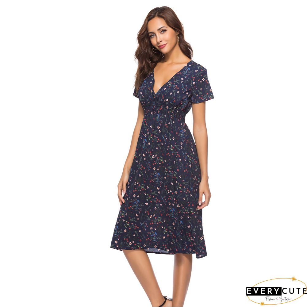 Floral Print Paneled Short Sleeves Elegant A-line Midi Dress