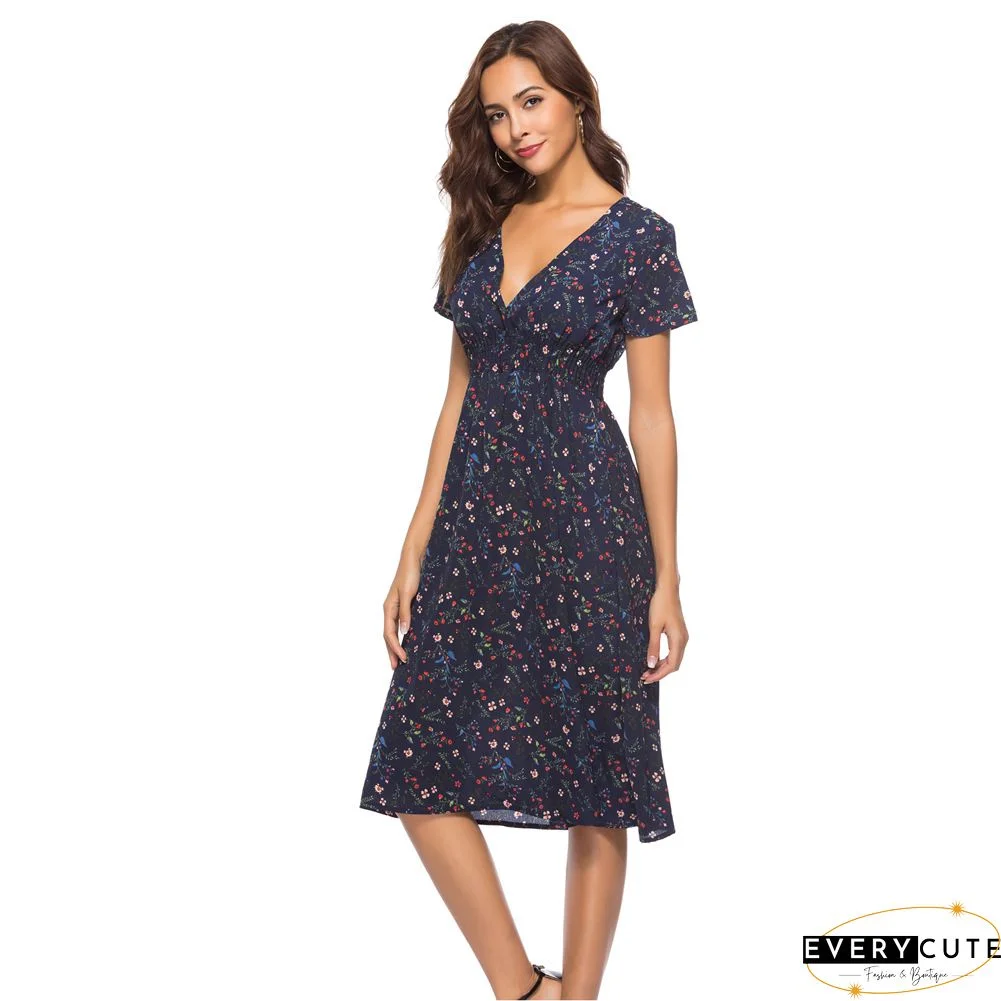 Floral Print Paneled Short Sleeves Elegant A-line Midi Dress