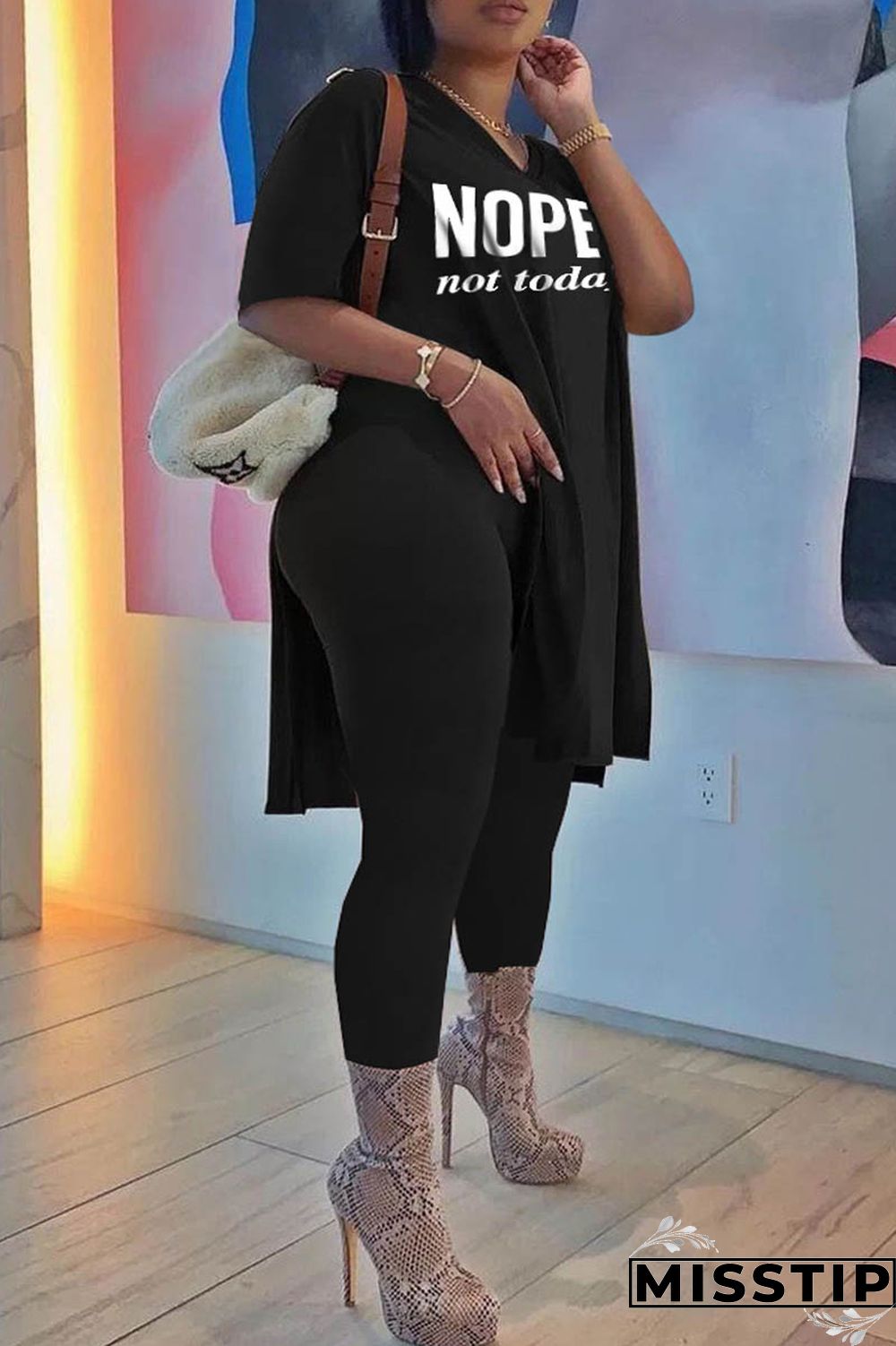 Black Fashion Casual Letter Print Slit V Neck Plus Size Two Pieces