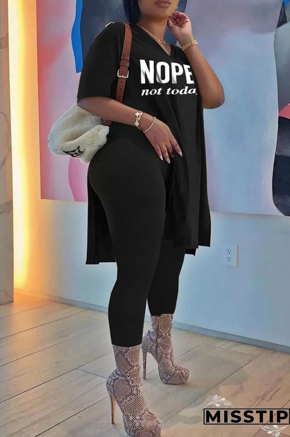 Black Fashion Casual Letter Print Slit V Neck Plus Size Two Pieces