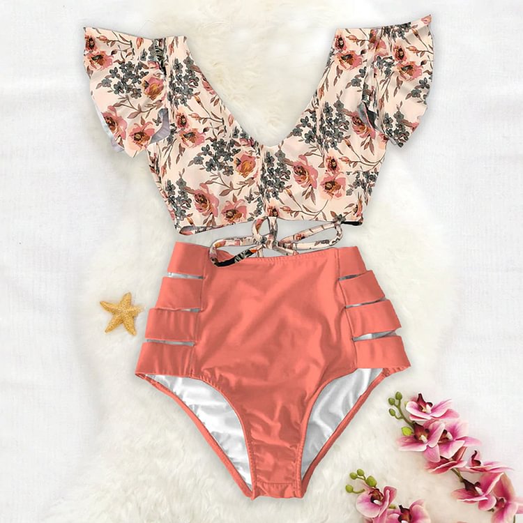 Flaxmaker Floral Ruffle Sleeve High Waist Bikini Swimsuit