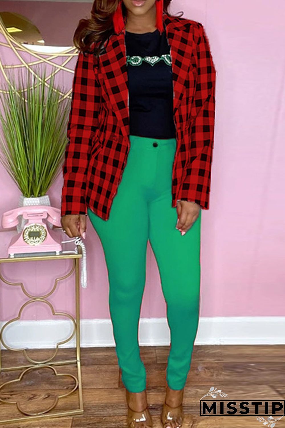 Red Fashion Casual Plaid Print Cardigan Turndown Collar Outerwear