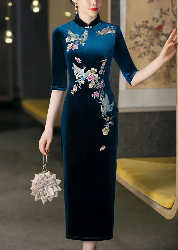 Italian Peacock Blue Stand Collar Embroideried Silk Velour Dresses Half Sleeve