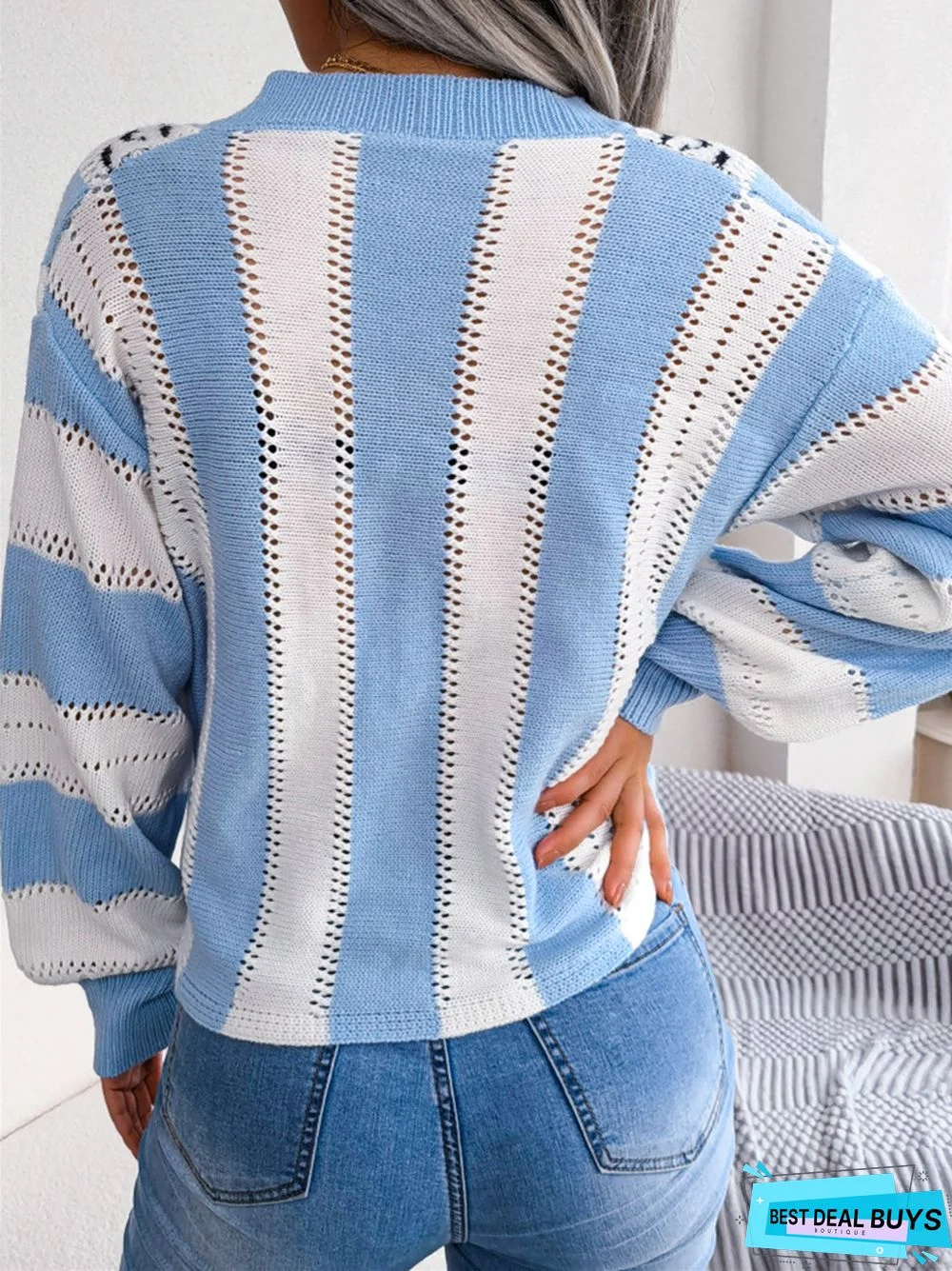 V-Neck Leopard Lantern Sleeve Knitted Sweater