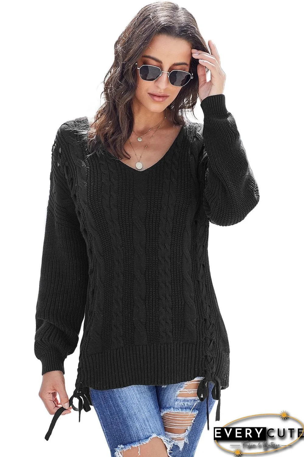 Black Love Letters Cable Knit Lace Up Sweater