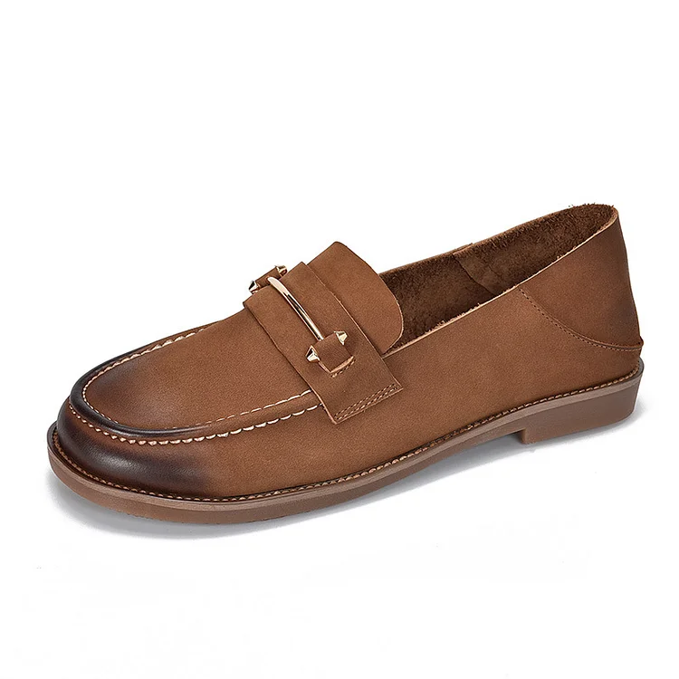 British Style Color Blocking Leather Round Toe Low Heel Shoes - yankia