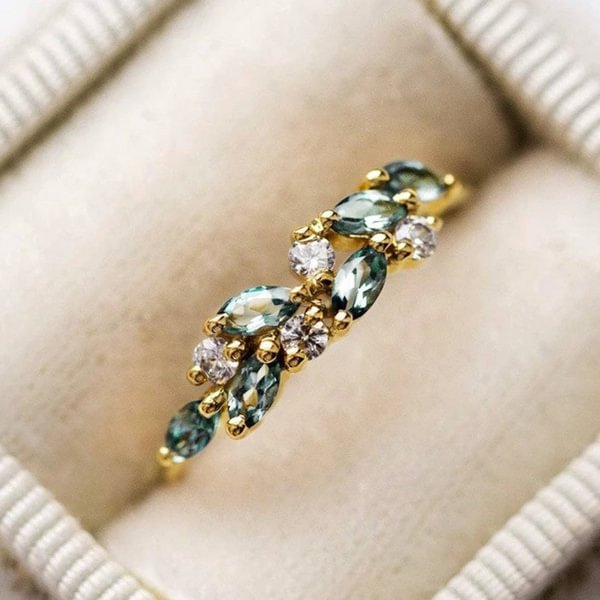 Exquisite Women's Fashion Geometric Leaf Inlaid Gemstone Ring Simple 14K Gold Emerald Ring Diamond Ring Engagement Party Romantic Bride Wedding Jewelry Christmas Gift Girlfriend Gift Ring Size US5-11 - Shop Trendy Women's Fashion | TeeYours