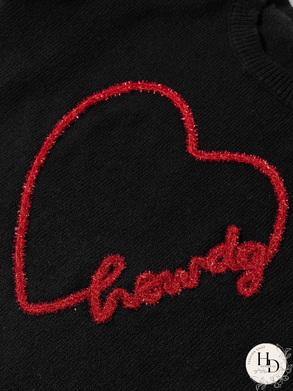 Heartfelt Black Graphic Round Neck Sweater
