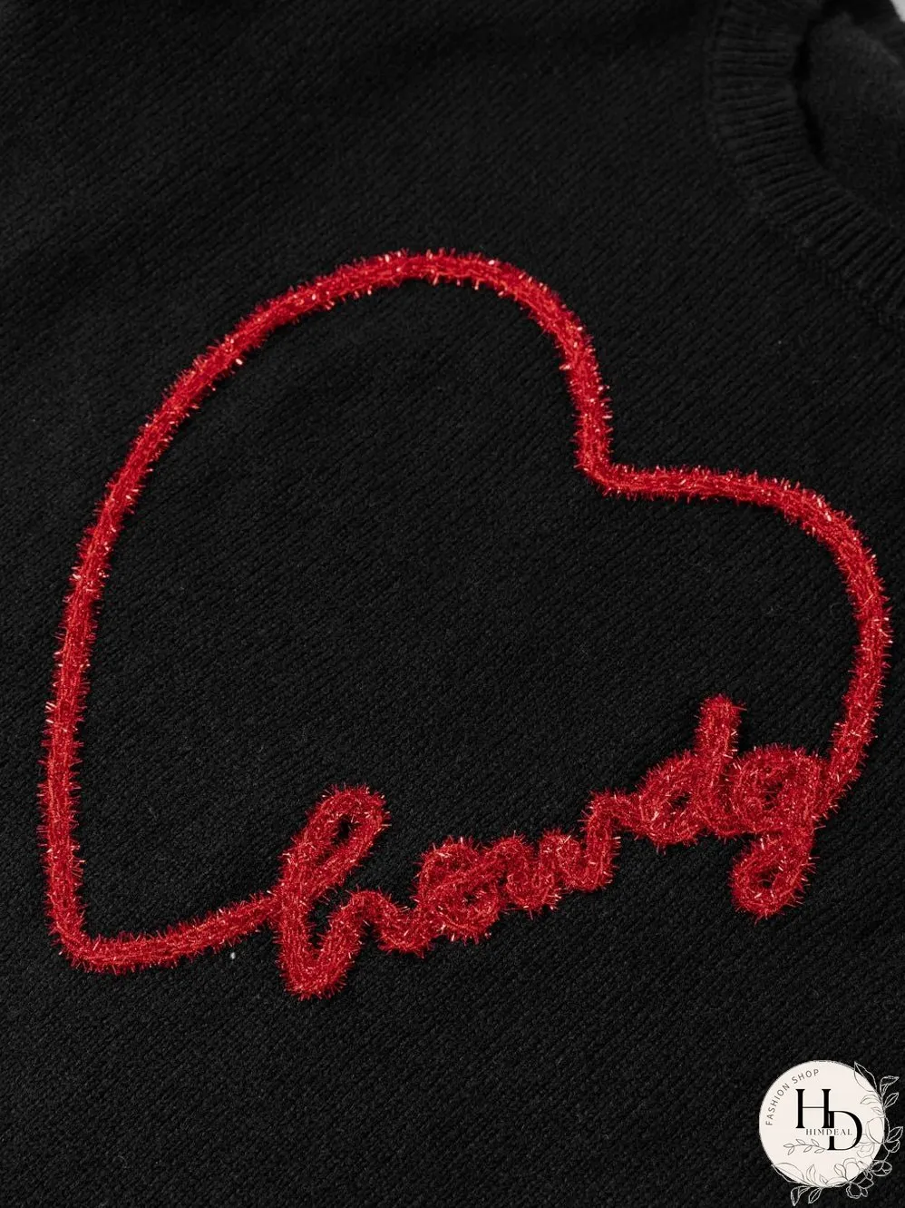 Heartfelt Black Graphic Round Neck Sweater