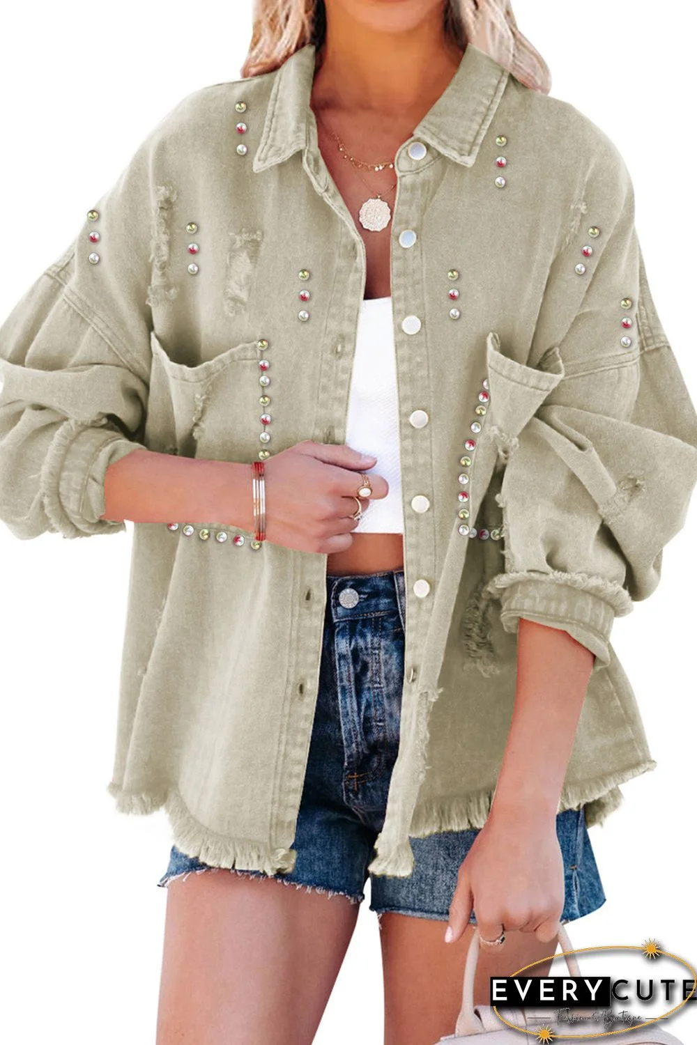 Green Beaded Oversized Pocketed Distressed Denim Jacket