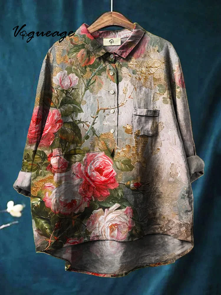 Generous Romantic And Fashionable Flowers Printed Cotton And Linen Shirt