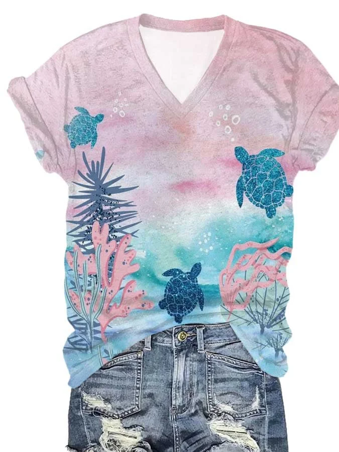 🔥Buy 3 Get 10% Off🔥Women's Cut Sea Turtle Print Casual T-Shirt