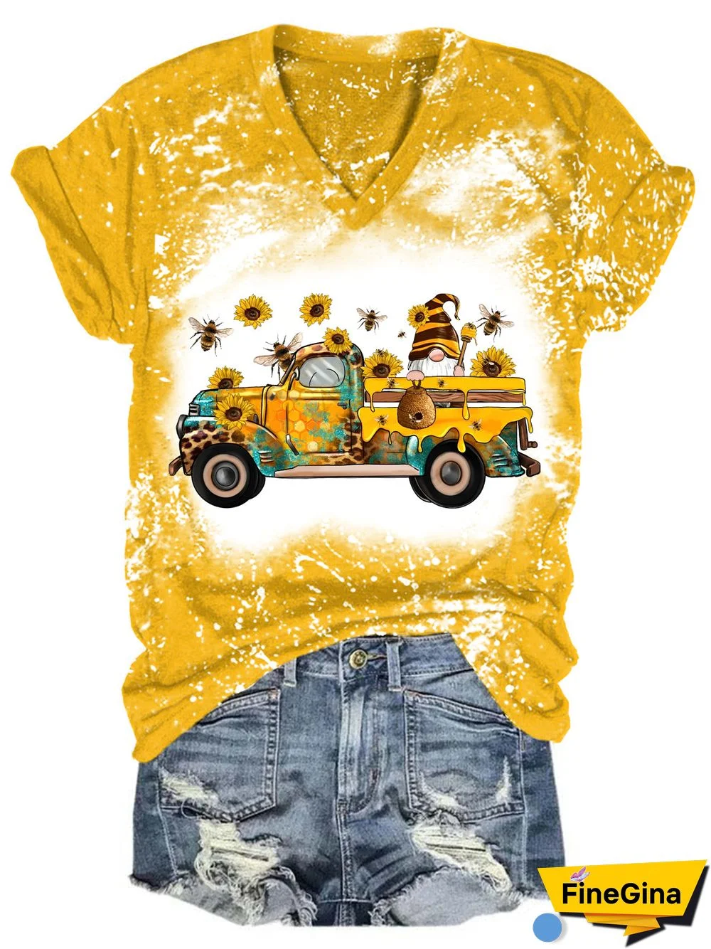 Bee Sunflower Gnome Truck V Neck T-shirt