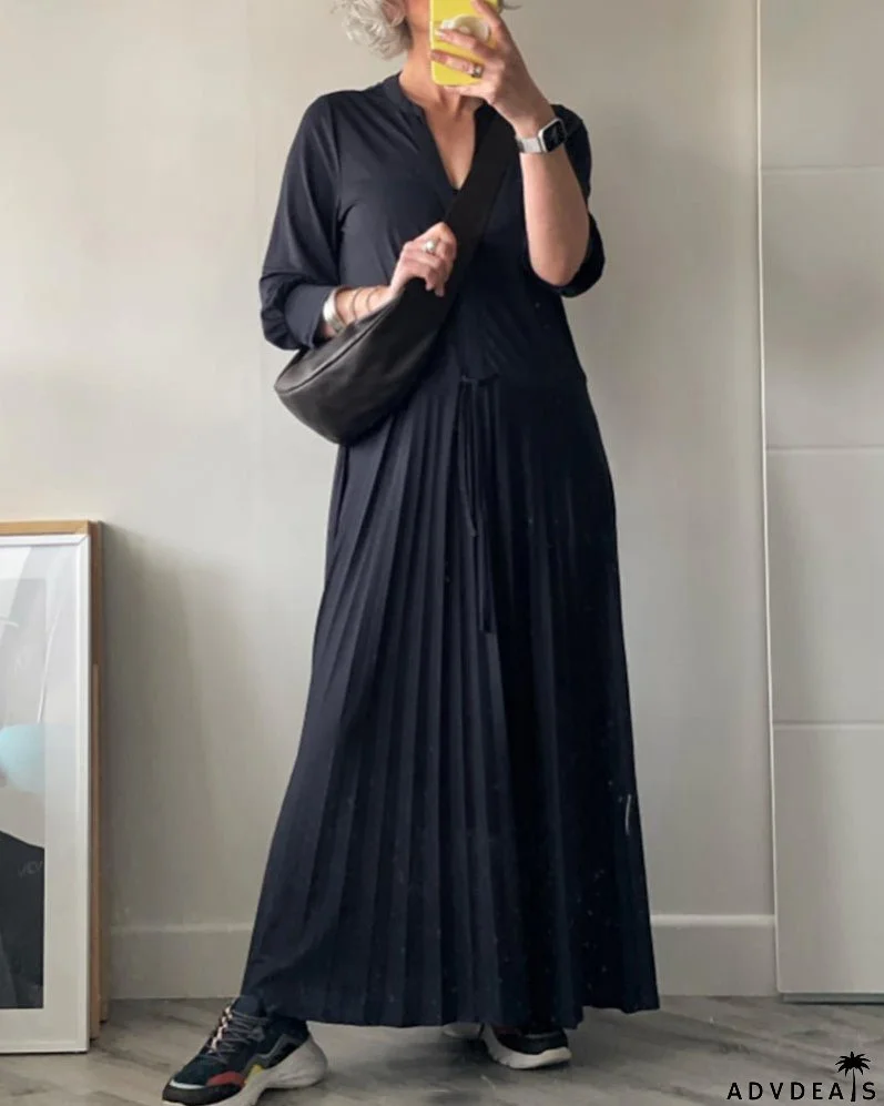 Pleated V-neck Dress in Solid Color