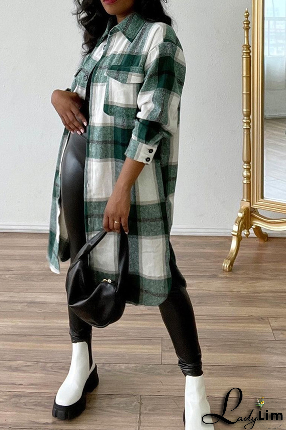 Green Casual Plaid Patchwork Turndown Collar Outerwear