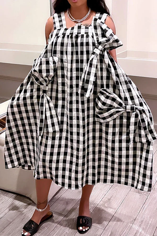 Checked Patchwork Girly Bowknot Midi Dress