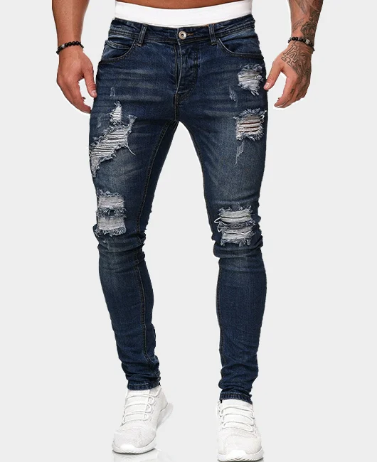 Denim Casual Plain Light Washed Ripped Denim Pencil Pants
