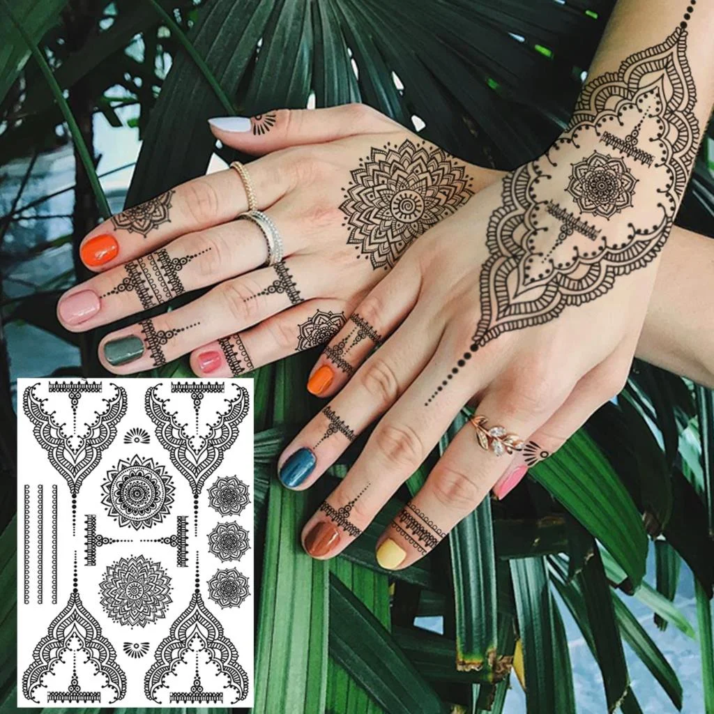 REJASKI Black Henna Lace Temporary Tattoos Sticker For WOmen Butterfly Moth Mehndi Flower Fake Tatoo Sticker Feather Flora Tatoo