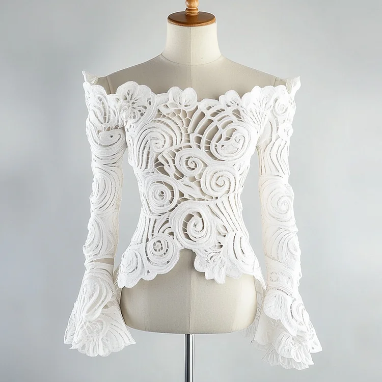 Ursime Lace Hollow Out Off The Shoulder Flare Sleeve Blouse