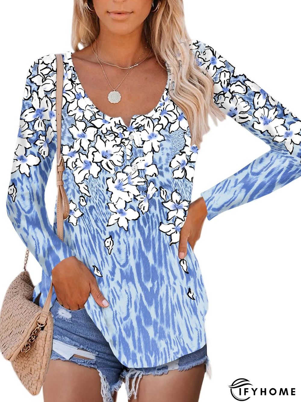 Blue Floral Printed Buttoned Shift Long Sleeve Casual Tunic Top | IFYHOME