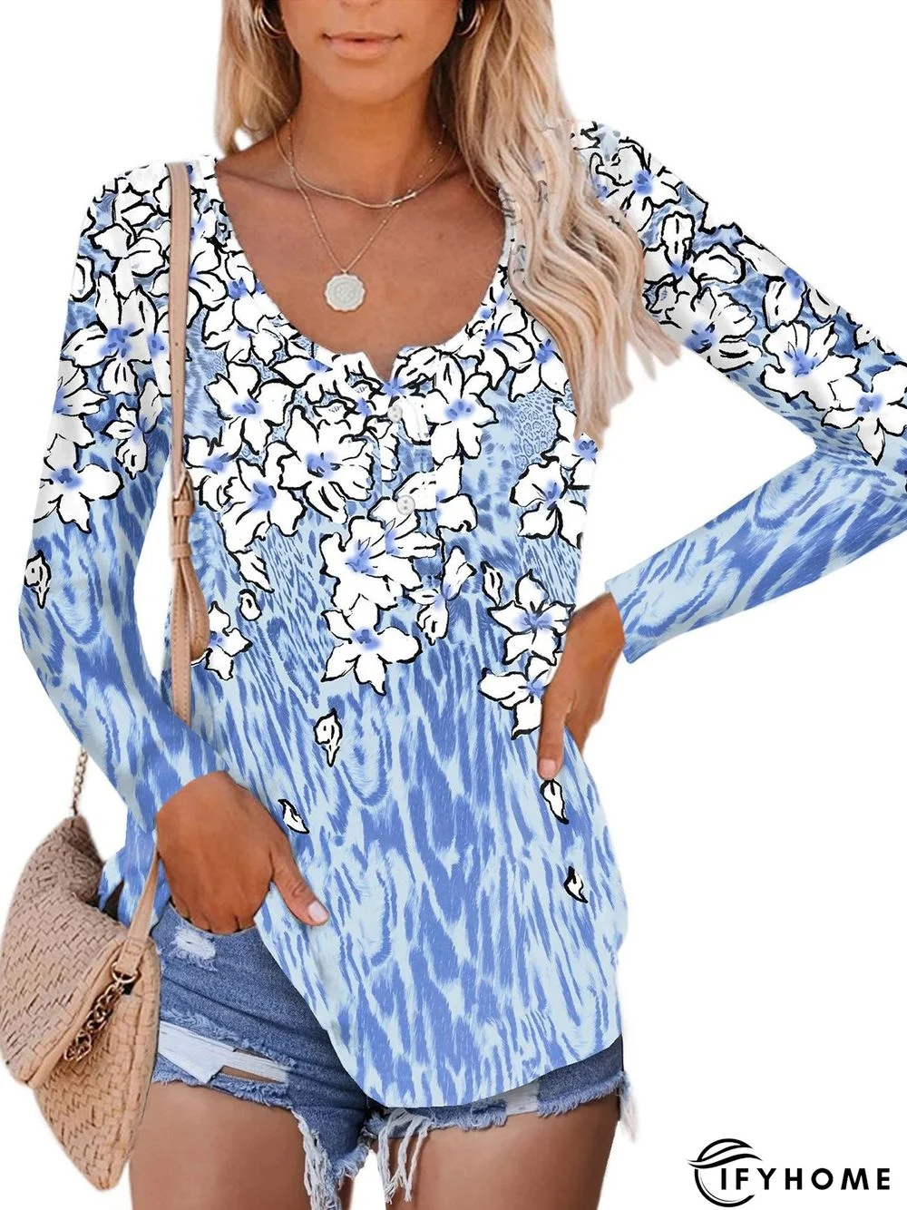 Blue Floral Printed Buttoned Shift Long Sleeve Casual Tunic Top | IFYHOME