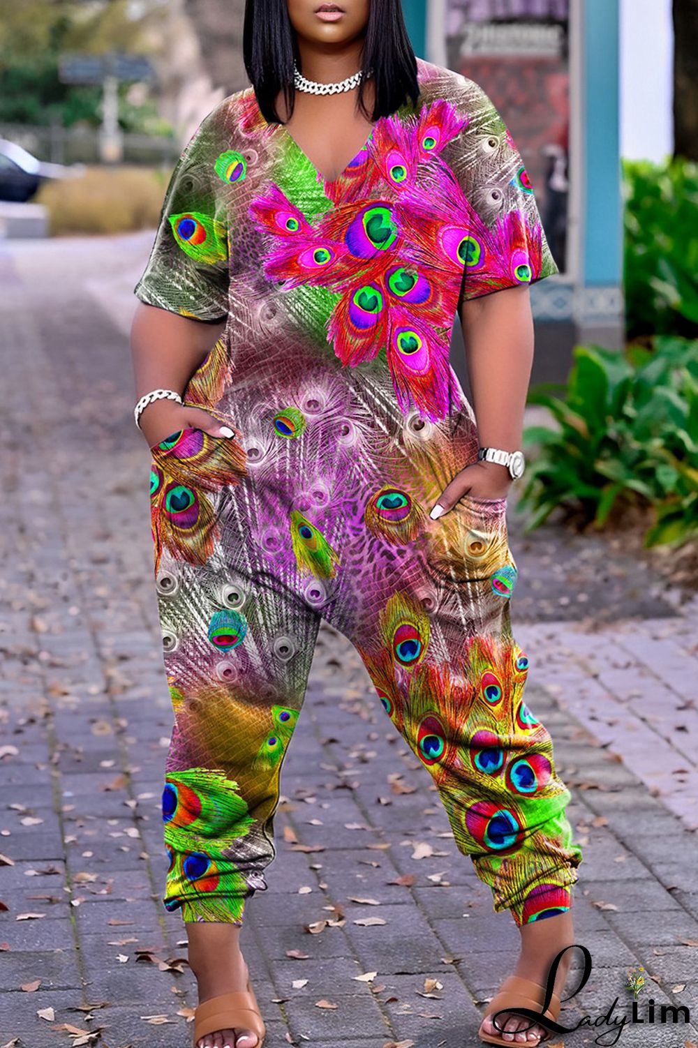 Pink Casual Print Patchwork V Neck Regular Jumpsuits