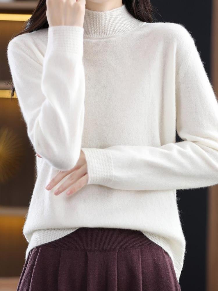 Women's Horseshoe Print Half High Neck Sweater Loose Solid Knitwear