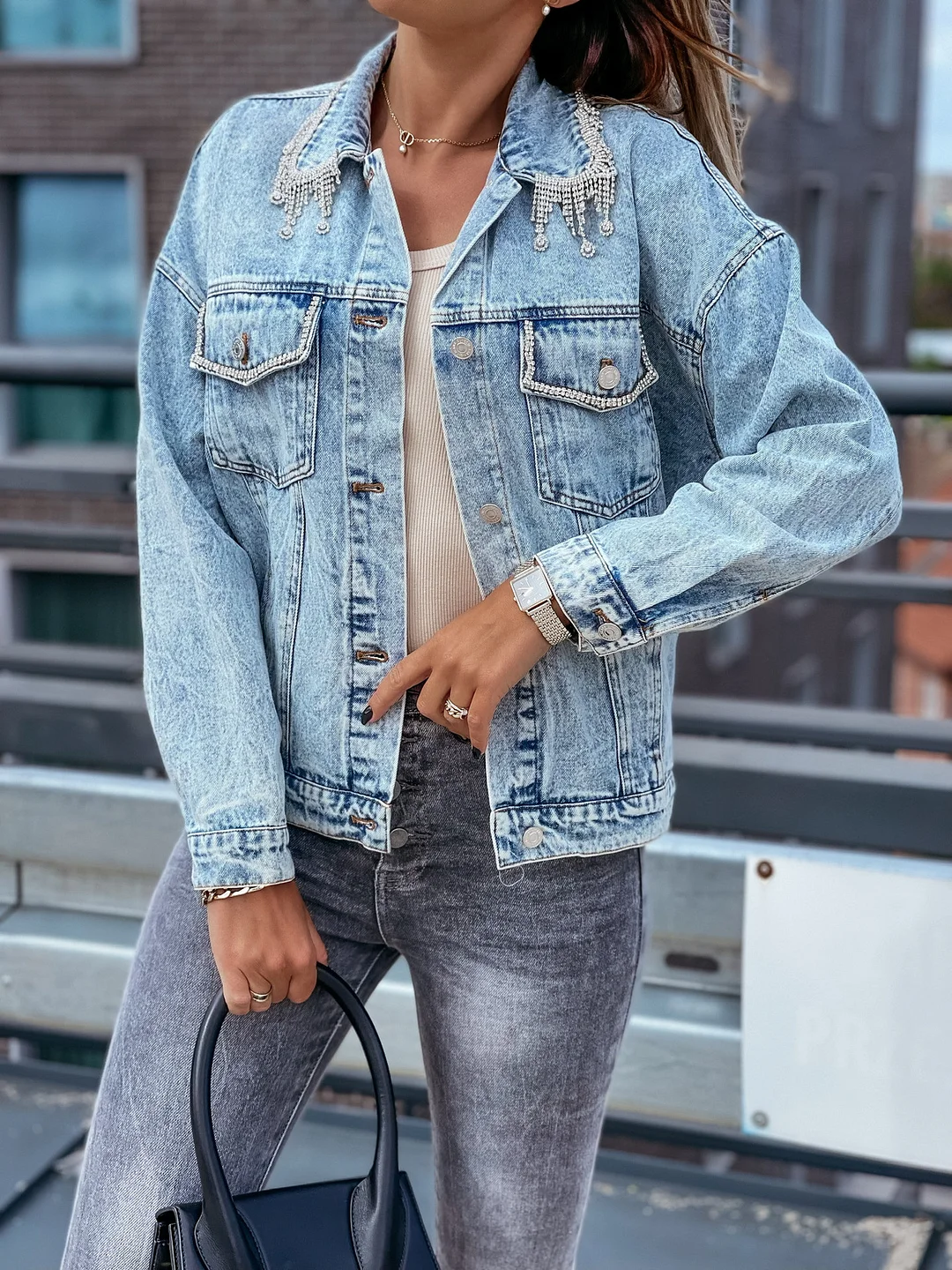 Woemn's Retro Denim Jacket Washed Light Blue Denim Jacket